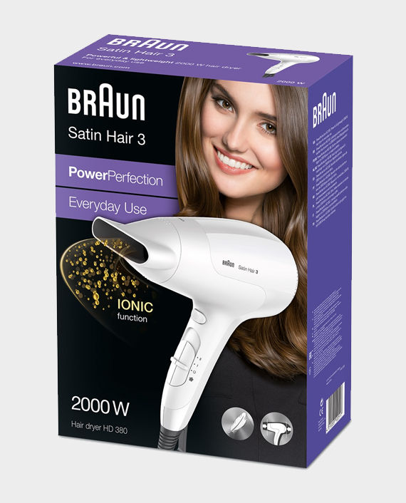 Braun Satin Hair 3 PowerPerfection Dryer HD380 with Ionic Function and Styling Nozzle