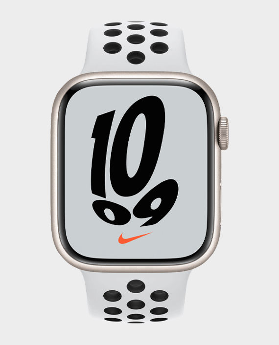 Apple Watch Nike Series 7 MKL43 45mm GPS Cellular Starlight Aluminum Case with Pure Platinum Black Nike Sport Band in Qatar