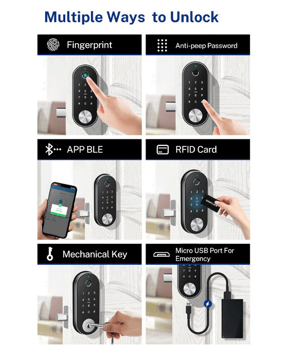 Liliwise T1B Elegant Design 7 Way Operated Fingerprint, Card, Pin, App, Bluetooth, Remote & Emergency Key Method Digital Door Lock