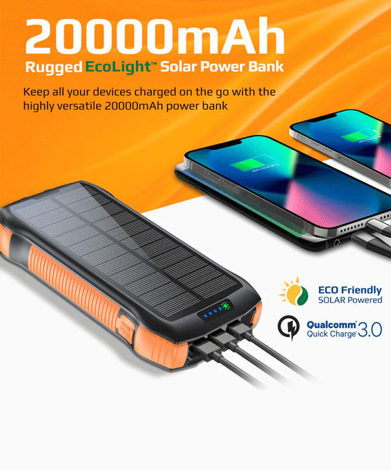 Promate Rugged EcoLight Solar Power Bank 20000mAh SolarTank-20PDQi
