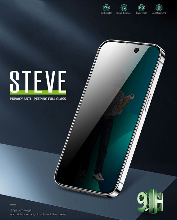 Green 9H Steve Privacy Full Glass Screen Protector for iPhone 14 Pro (6.1)