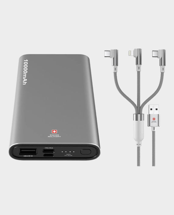 Swiss Military Chandoline 10000mAh 20W Type-C Power Bank (Silver) + Swiss Military USB-A To Type-C/lightning/micro 20W 2m Cable (White) in Qatar