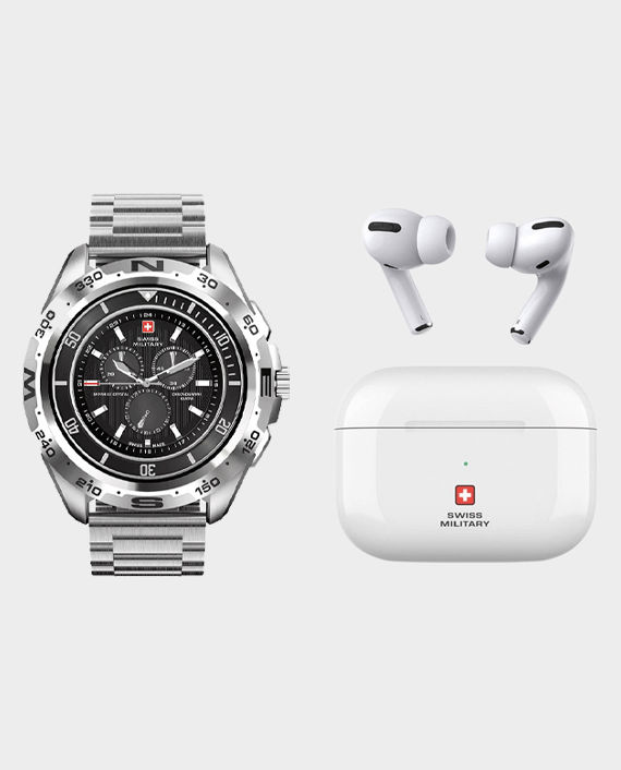 Swiss Military Dom Smart Watch with Metal Strap (Silver) + Swiss Military Victor True Wireless Earbuds (White)