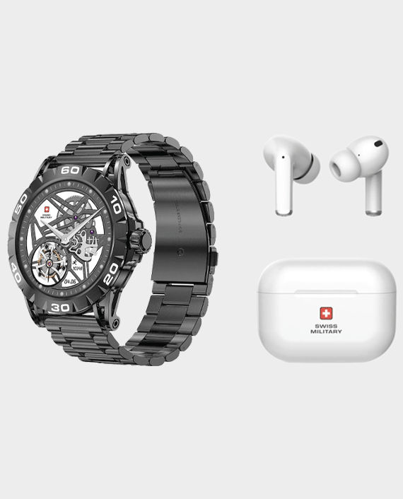 Swiss Military Dom 2 Smart Watch Metal Strap (Gun Metal) + Delta True Wireless Headset (White) in Qatar