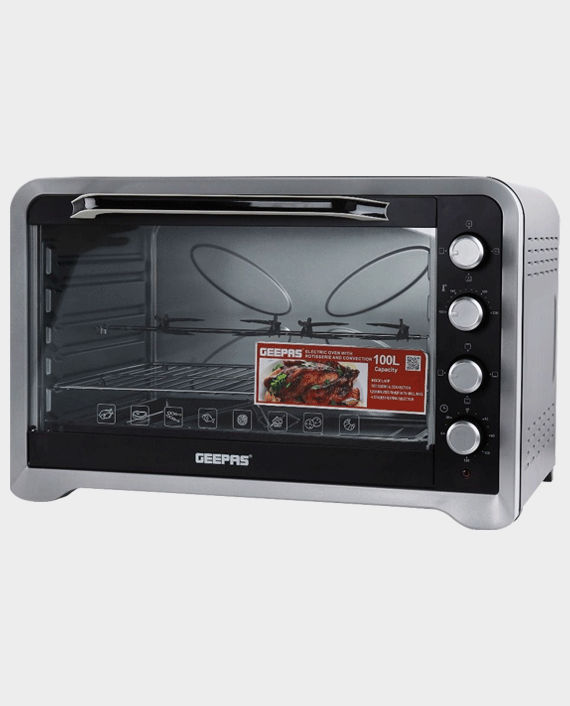 Geepas GO34027 100 Liter 2800W 4 Function Electric Oven With Rotisserie and Convection (Silver & Black) in Qatar