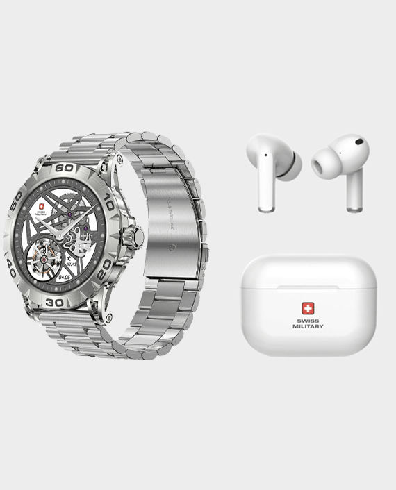 Swiss Military Dom 2 Smart Watch Metal Strap (Silver) + Delta True Wireless Headset (White) in Qatar